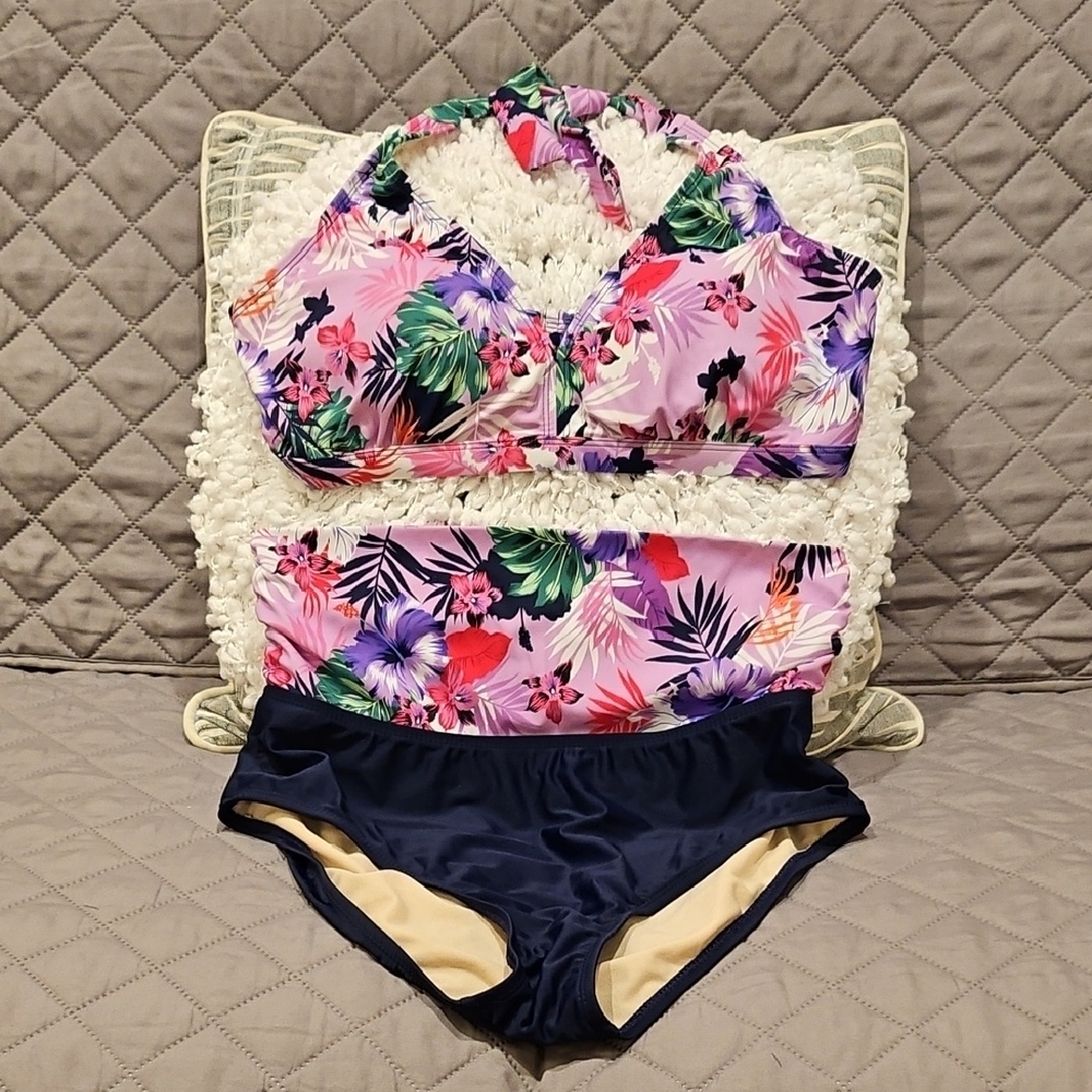 Swimsuits For All Floral Blue and Purple Bikini Set